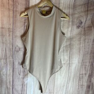 Daisy Beige Contour Muscle High Crew Neck Sleeveless Thong Bodysuit 1X
